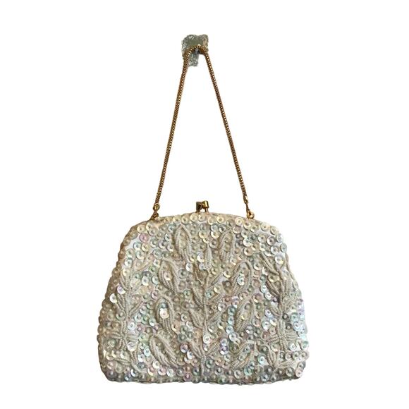 Vintage Handbags - Vintage OS mini beaded purse clutch white gold sequin